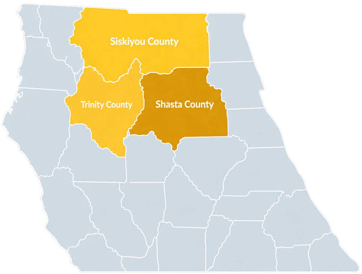 Map of Siskiyou, Shasta, and Trinity Counties in Northern California